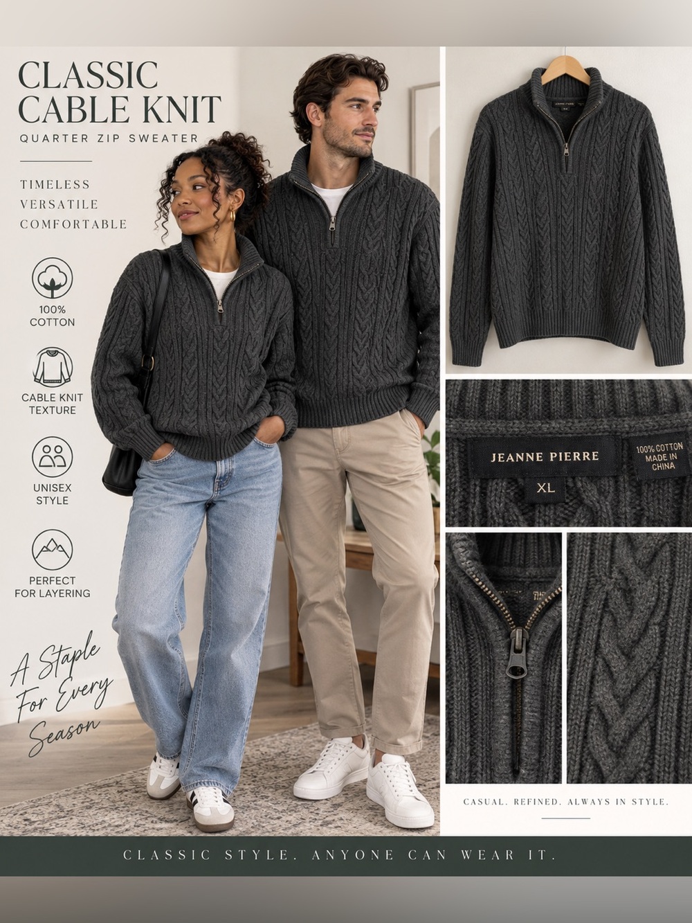 JEANNE PIERRE Dark Charcoal Cable-Knit Quarter-Zip Sweater